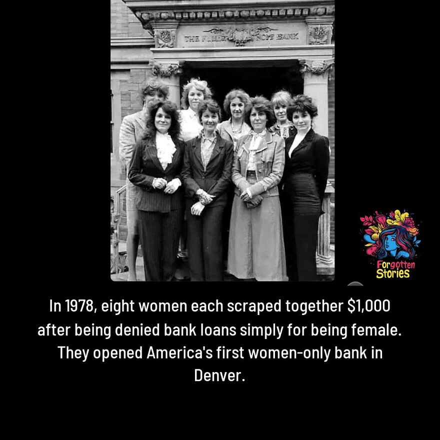 Black and white photo of eight women who started America's first women-only bank in 1978, highlighting forgotten stories.