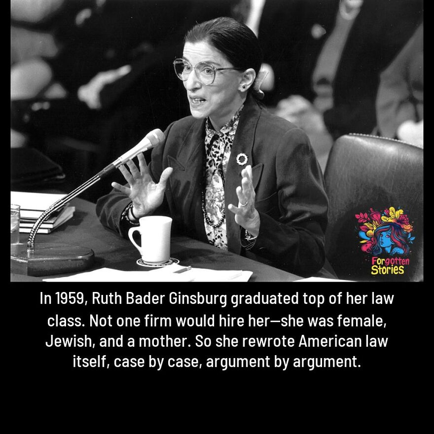 Ruth Bader Ginsburg featured on a forgotten stories Facebook page highlighting overlooked historical narratives.