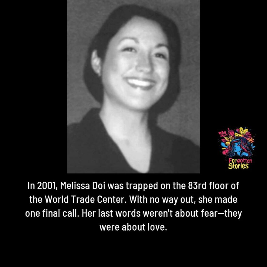 Black and white photo of Melissa Doi with text about her final call in 2001, highlighting forgotten stories needing more attention.