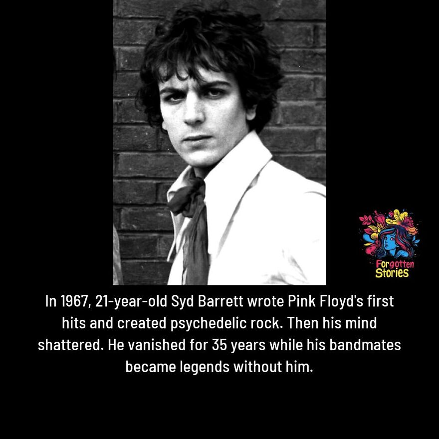 Black and white photo of Syd Barrett with text about forgotten stories from a Facebook page highlighting overlooked history.
