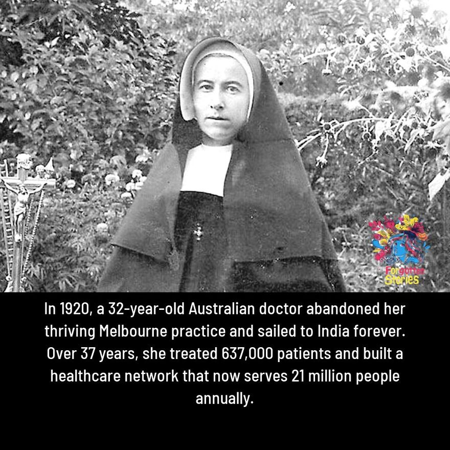 Black and white photo of a nun with text about a forgotten story of an Australian doctor’s impact in India.