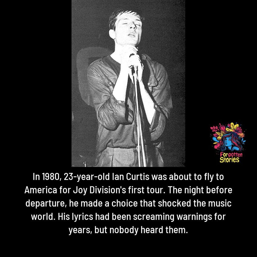 Black and white photo of Ian Curtis singing with a microphone, highlighting forgotten stories from Joy Division's history.