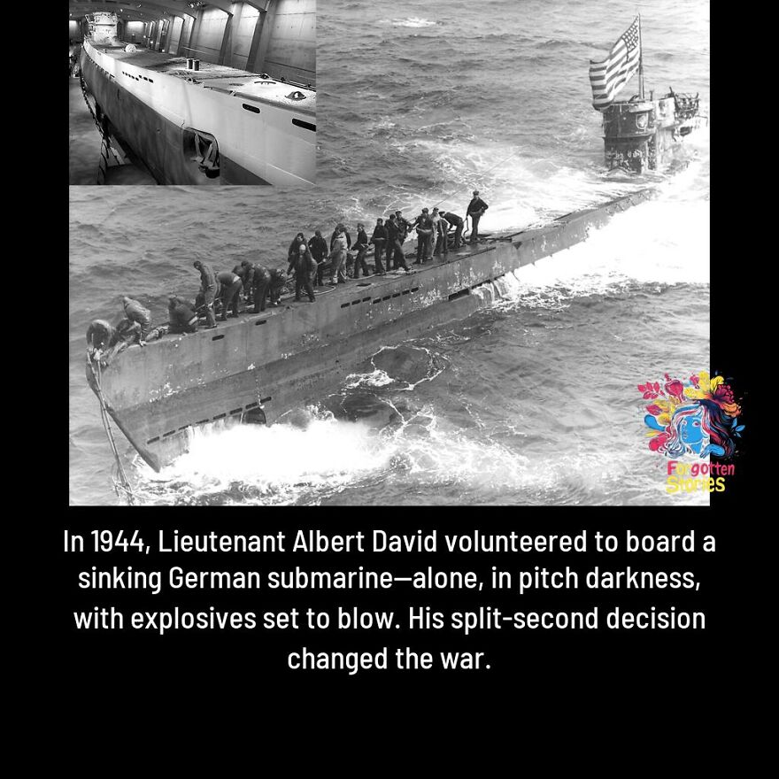 Black and white photo of a German submarine with crew and text about forgotten stories from WWII featured on a Facebook page.
