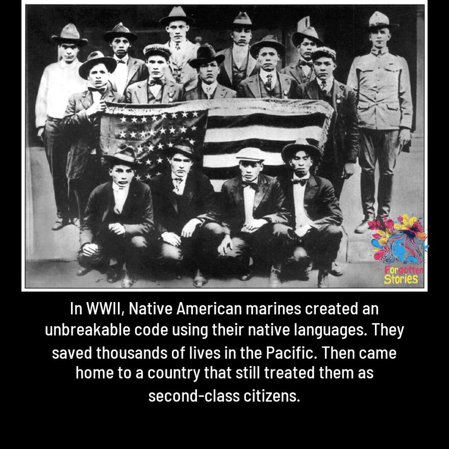 Black and white photo of Native American marines in WWII, highlighting forgotten stories needing more attention.
