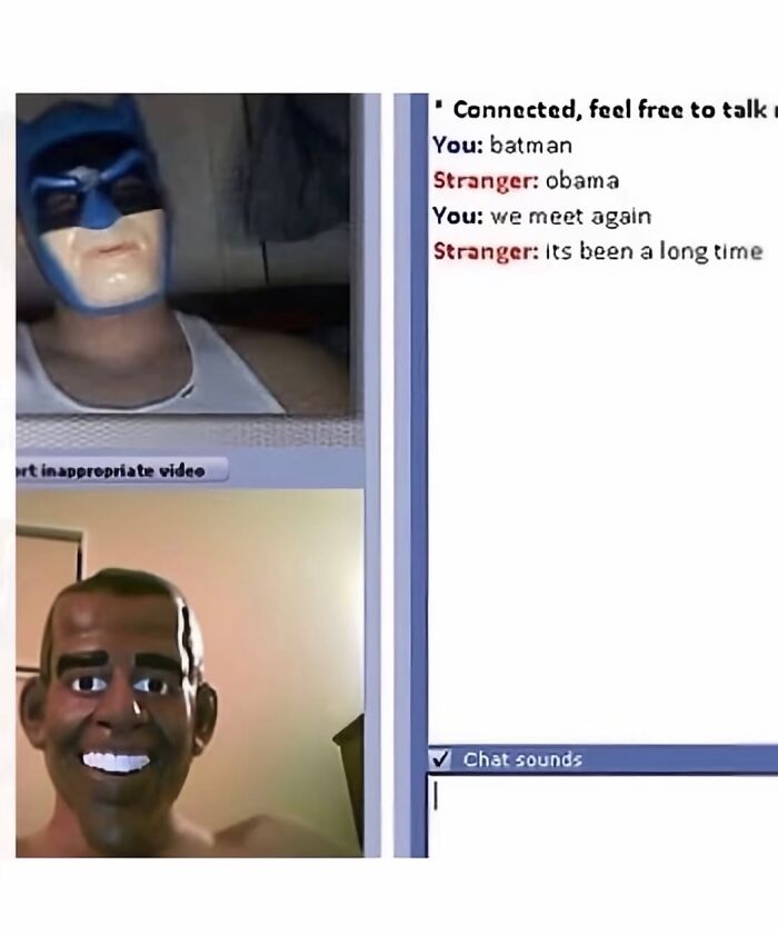 Two people wearing weirdly hilarious masks of Batman and Obama in an online video chat conversation.