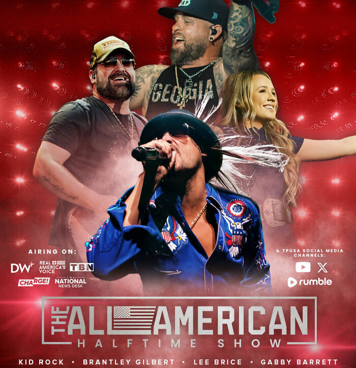 Kid Rock singing live during an alternative halftime show with Brantley Gilbert and Gabby Barrett on stage.