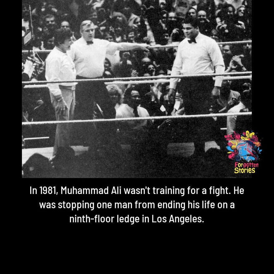 Black and white photo of Muhammad Ali in a boxing ring, featured on a Facebook page uncovering forgotten stories.