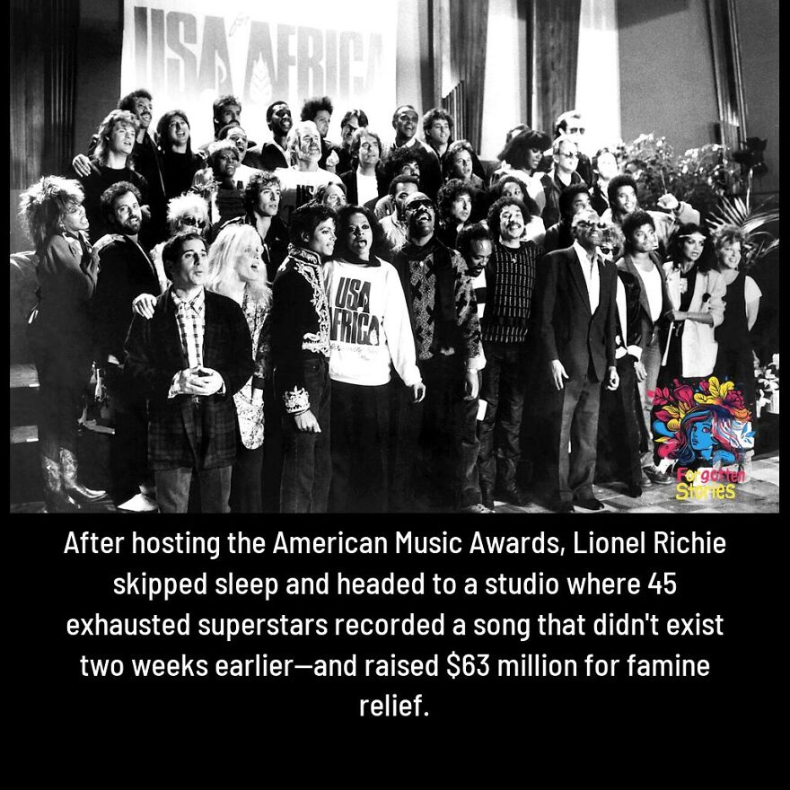 Group of 45 music superstars recording a charity song to raise famine relief funds, highlighting forgotten stories worth attention.