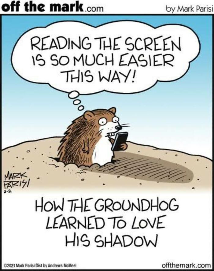 Comic of a groundhog using a smartphone, highlighting technology and internet life humor by Mark Parisi.