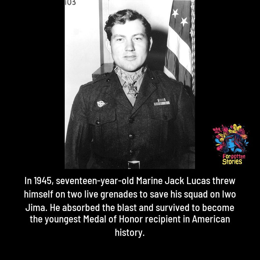 Black and white photo of Marine Jack Lucas, youngest Medal of Honor recipient, featured on a forgotten stories Facebook page.
