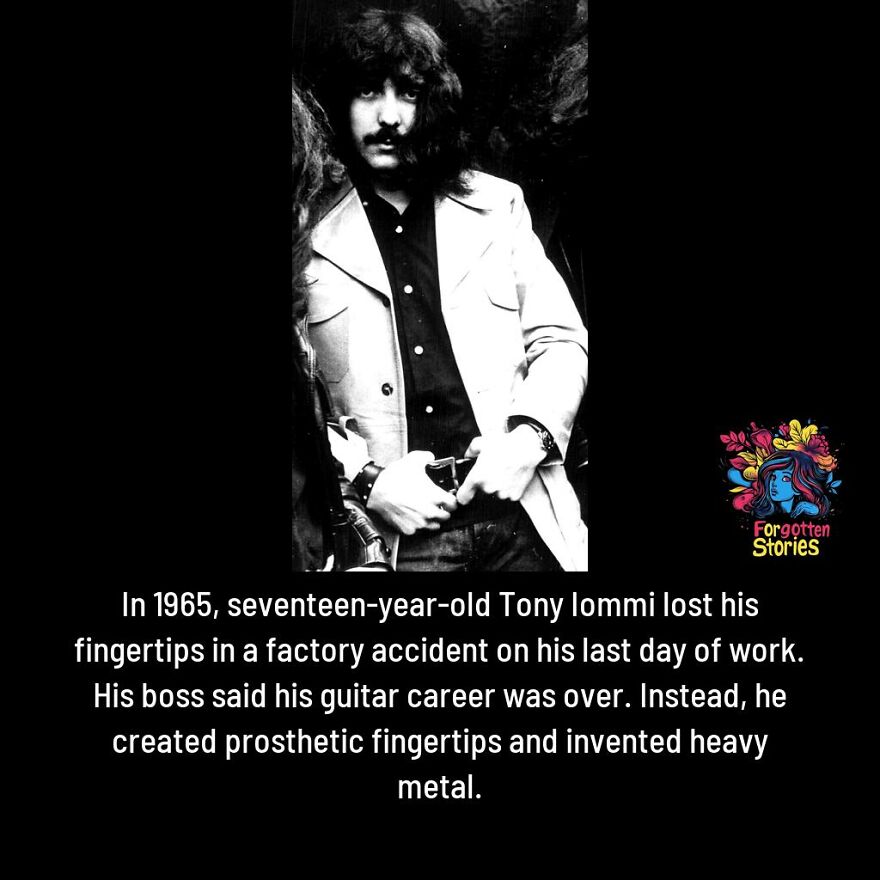 Black and white photo of Tony Iommi with text about his factory accident and invention of heavy metal, Forgotten Stories logo.