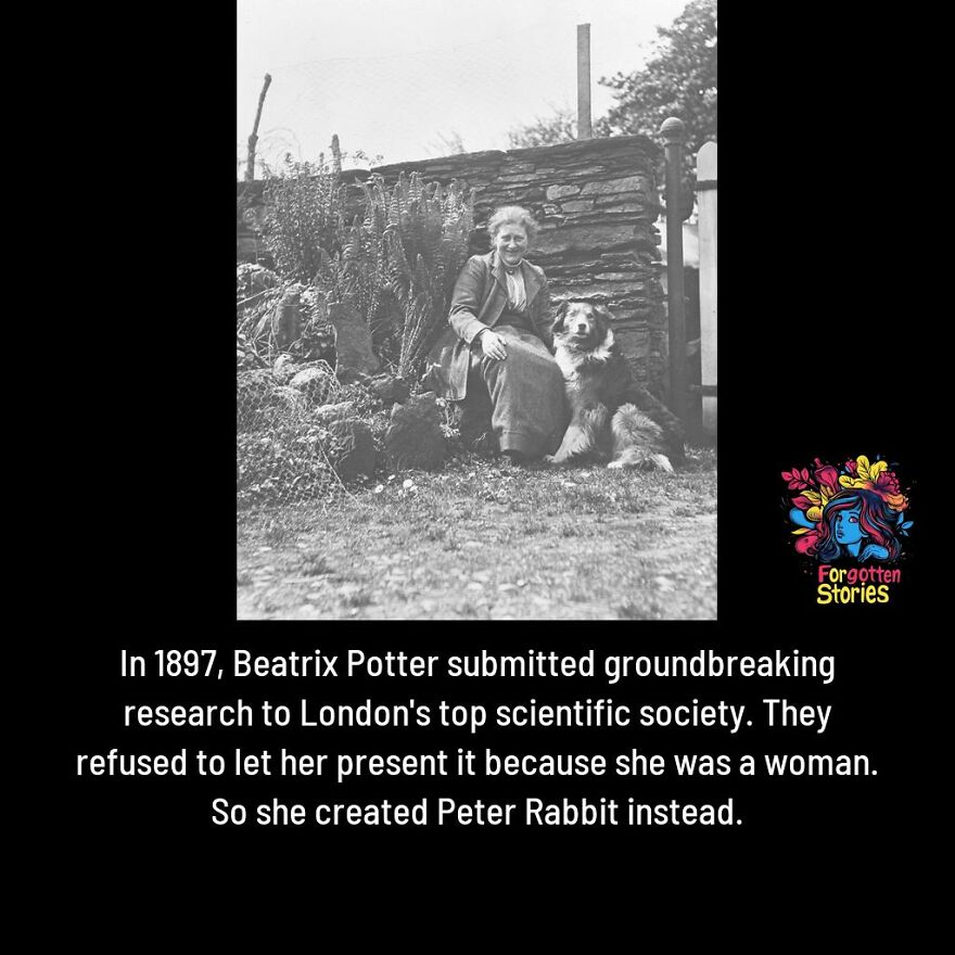 Black and white photo of Beatrix Potter with dog, highlighting forgotten stories needing more attention from history.