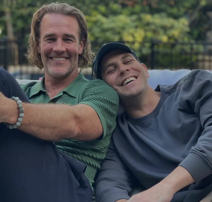 Two men smiling and relaxing outdoors in a close moment, related to James Van Der Beek friends sharing heartbreaking photos.