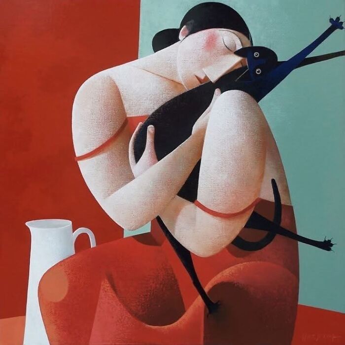 Abstract artwork of a person tenderly embracing a black cat, showcasing cat-themed art in a modern artistic style.