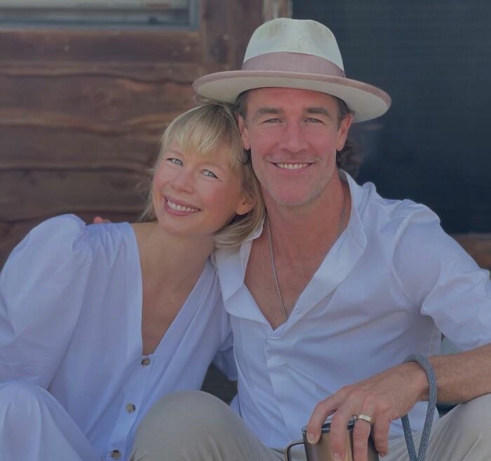 James Van Der Beek smiling with a woman, capturing a heartfelt moment shared by friends in his final days.