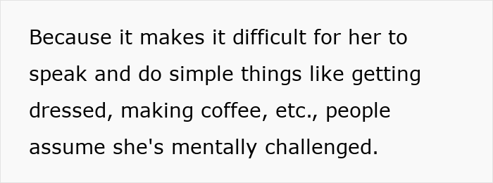 Alt text: Text describing difficulties in speaking and daily tasks leading to assumptions of mental challenges in a tragic story context.