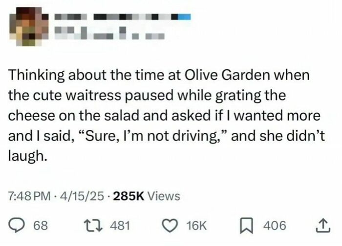 Screenshot of a cynical meme about a failed joke to a waitress, showcasing sarcasm and humor in memes.