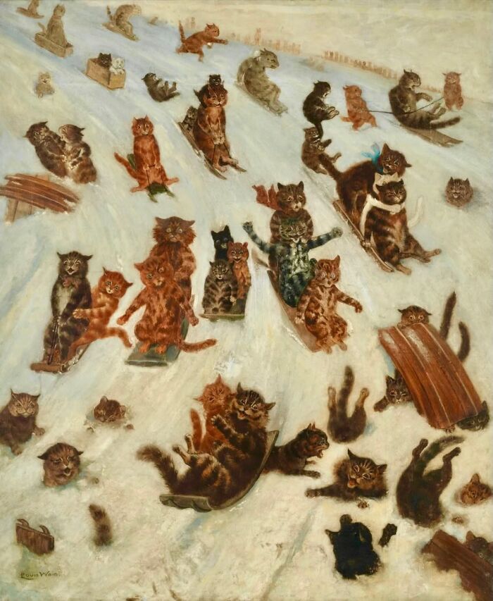 Whimsical vintage painting of multiple cats sledding and playing in the snow, showcasing cat-themed artworks in history.