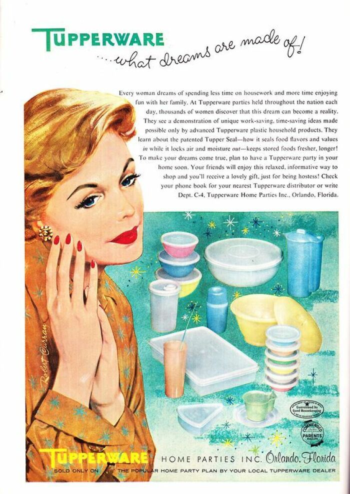Vintage Tupperware ad featuring colorful plastic containers with a woman promoting retro ads from a different era.