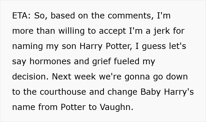 Text about naming son Harry Potter, explaining decision and plans to change name from Potter to Vaughn.