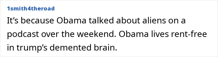 User comment on political podcast about Obama and Trump, related to Elon Musk&rsquo;s daughter and UFO files controversy.