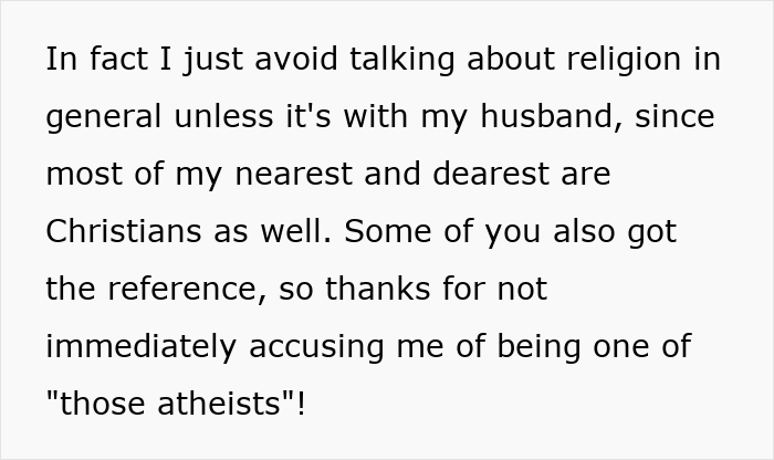 Text discussing avoiding religion talks at work despite closest friends being Christians amid coworker preaching Jesus during meetings.