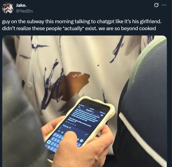 Person on subway texting on phone with memes, showcasing hilarious and cynical humor in casual public setting.