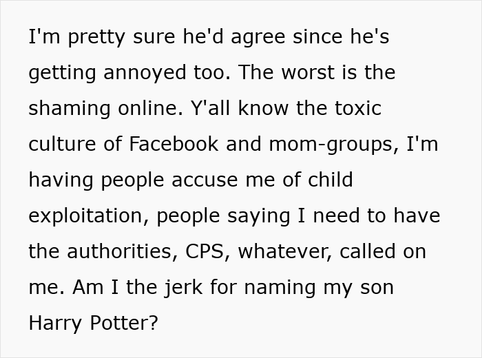 Text post expressing frustration over online shaming and accusations for naming son Harry Potter amid toxic mom-group culture.