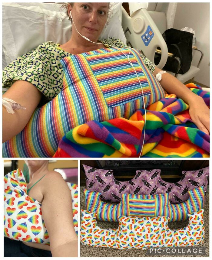Woman using a colorful DIY healing pillow and blanket set designed for comfort and recovery at home.