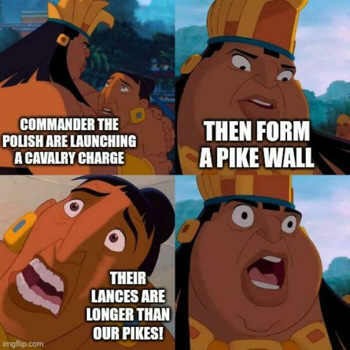 A history meme showing an ancient commander shocked by longer Polish lances during a cavalry charge.