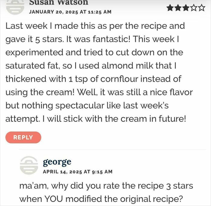 Screenshot of unhinged reviews showing failed tries at following a recipe with varying star ratings and user comments.