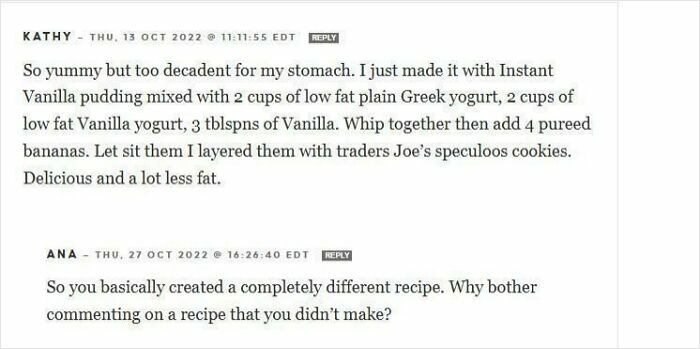 Screenshot of unhinged recipe reviews showing failed tries and humorous user comments on altered dessert ingredients.
