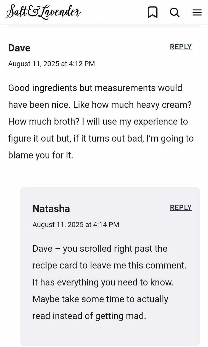 User comments on a recipe with frustration over missing measurements, illustrating failed tries at following a recipe.