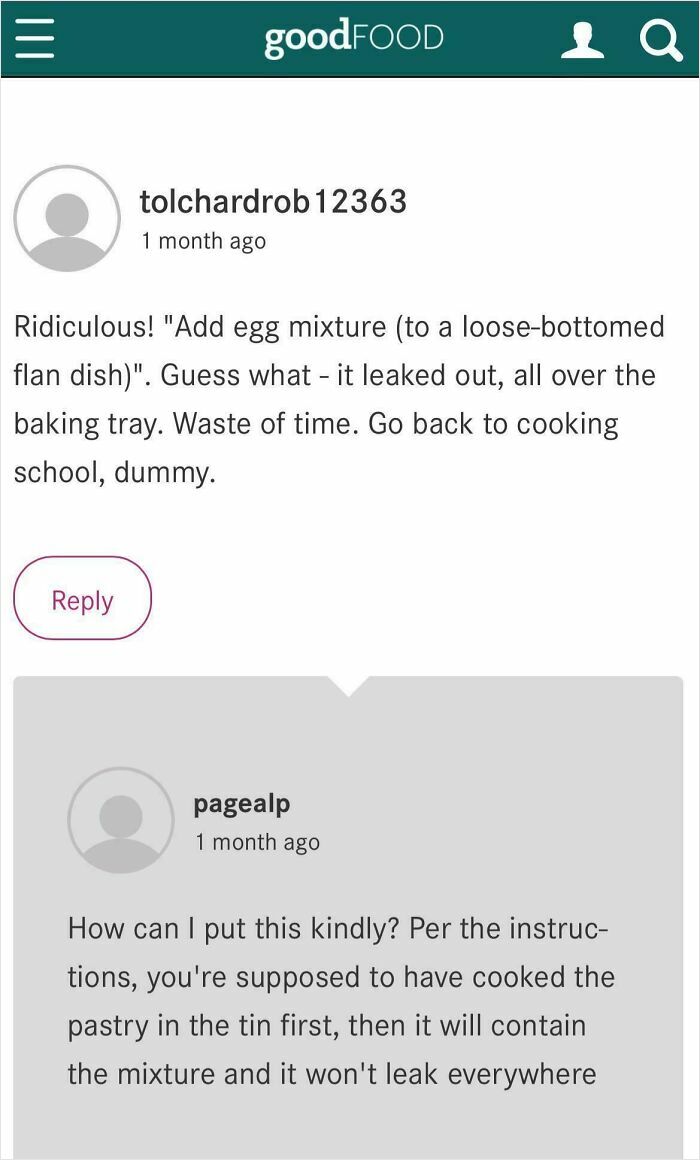 User comments from failed tries at following a recipe showing unhinged reviews about leaking flan mixture issues.