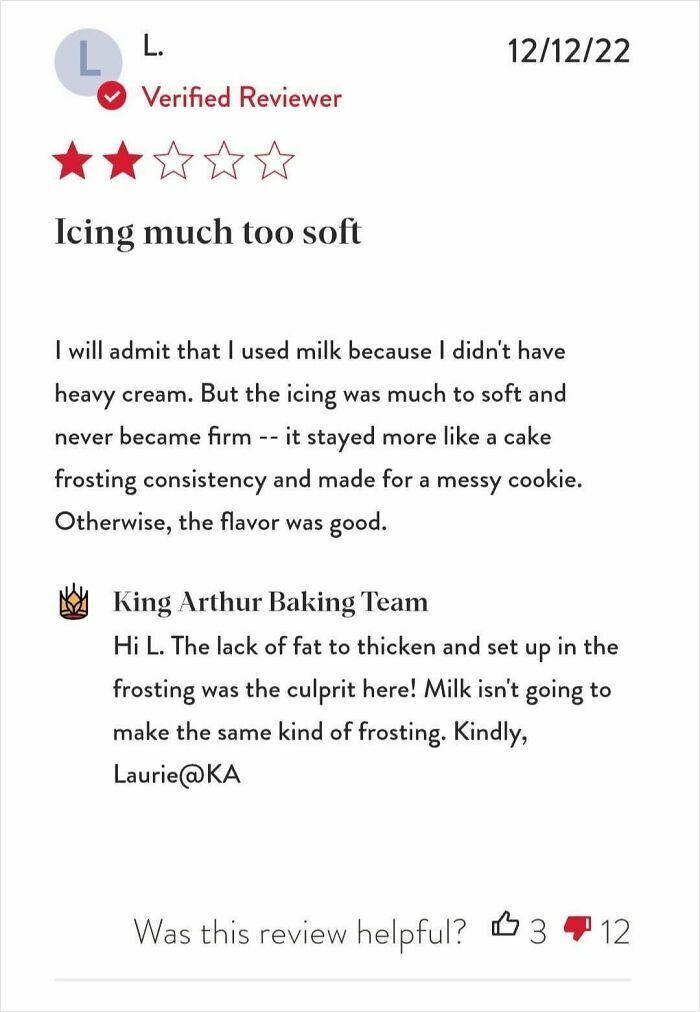 Customer review complaining about soft icing on baked goods in failed tries at following a recipe with unhinged reviews.