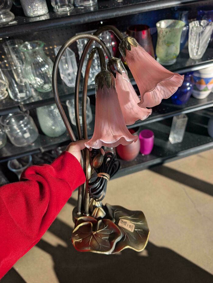 A hand holding a beautiful bronze and pink glass lamp, a great thrift store jackpot find.