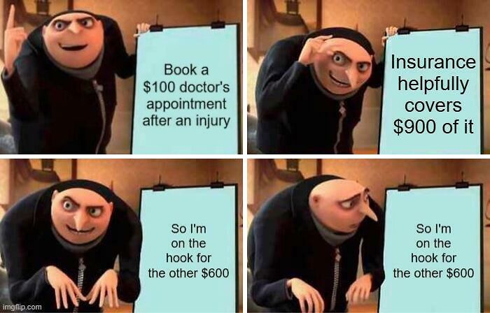 Gru character explaining hidden healthcare costs meme, highlighting unexpected medical bills and insurance issues in the US.