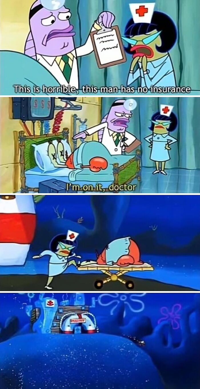 Healthcare meme showing cartoon doctor and nurse reacting to patient with no insurance in a humorous setting.