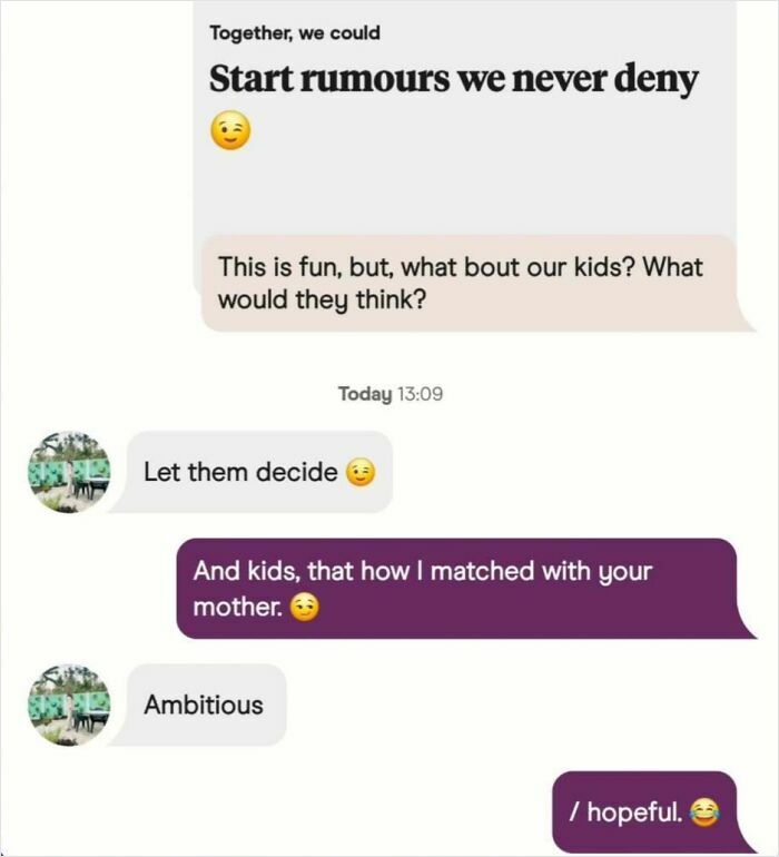 Funny dating app screenshot showing a playful conversation about starting rumors and matching with someone's mother.