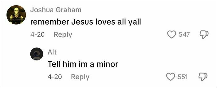 Screenshot of weird and funny TikTok comments with users exchanging humorous messages about Jesus and minors.