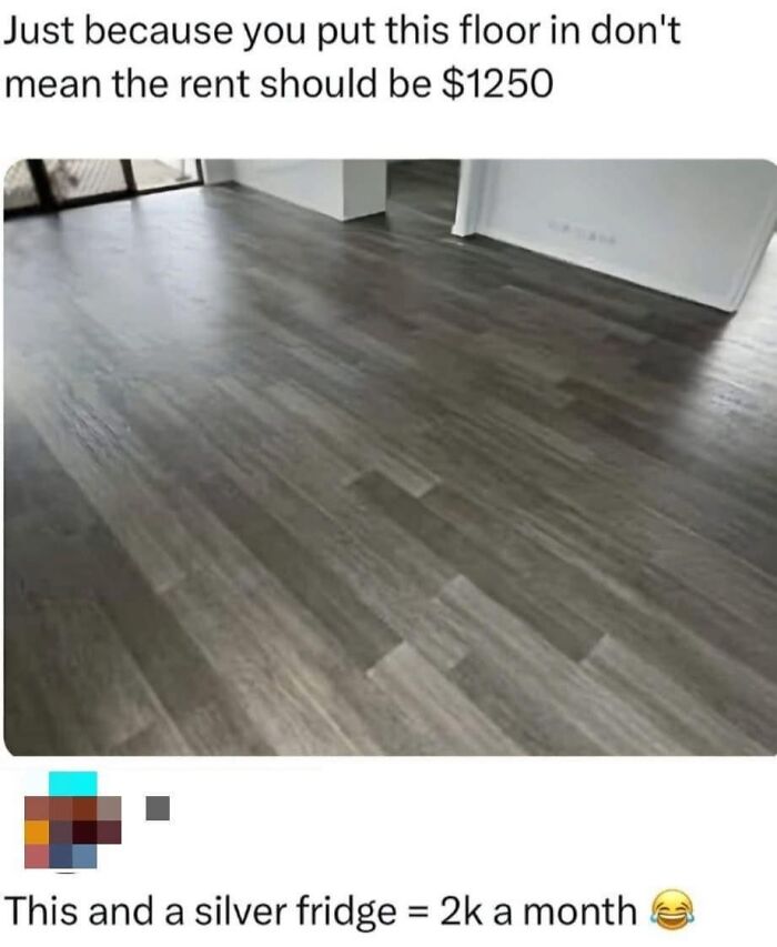 Empty room with new wood floor and meme text joking about high rent prices and funny memes to help.