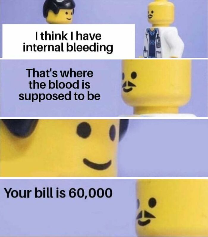 LEGO figures in a healthcare meme discussing internal bleeding and a medical bill of 60,000 in a humorous style.
