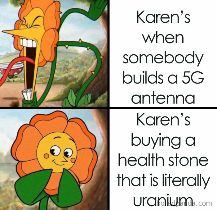Healthcare meme showing a cartoon flower with angry and happy faces linked to health and 5G antenna humor.