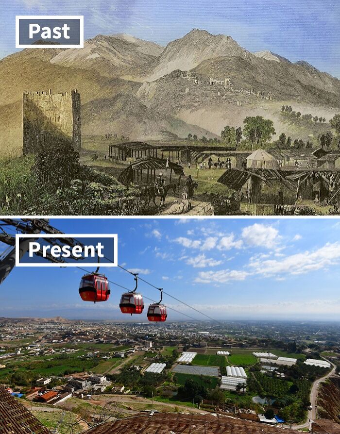 Comparison of life in the world’s oldest cities showing past rural settlement and present urban development with cable cars.