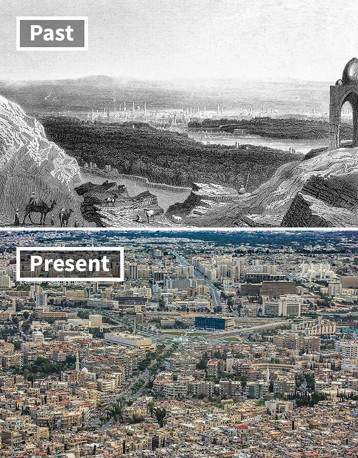 Comparison of life today in the world’s oldest cities showing past landscape and modern urban development.