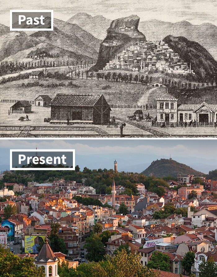 Past and present views showing life in one of the world’s oldest cities with historic and modern buildings.
