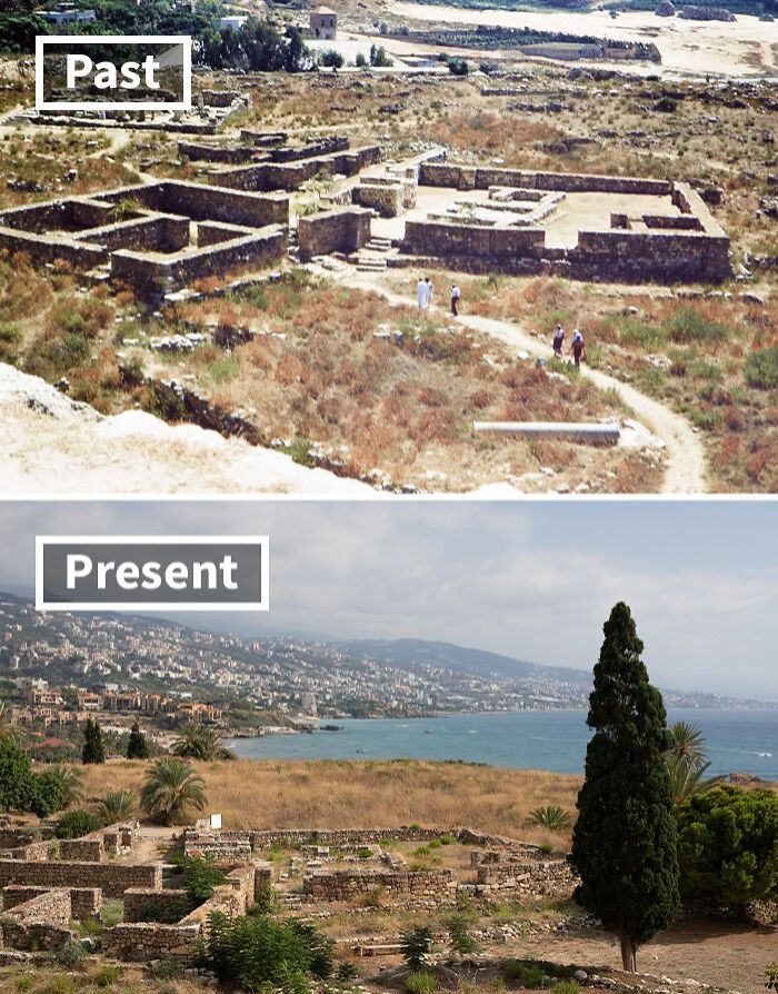 Ruins and landscape showing what life looks like today in the world’s oldest cities with past and present views.