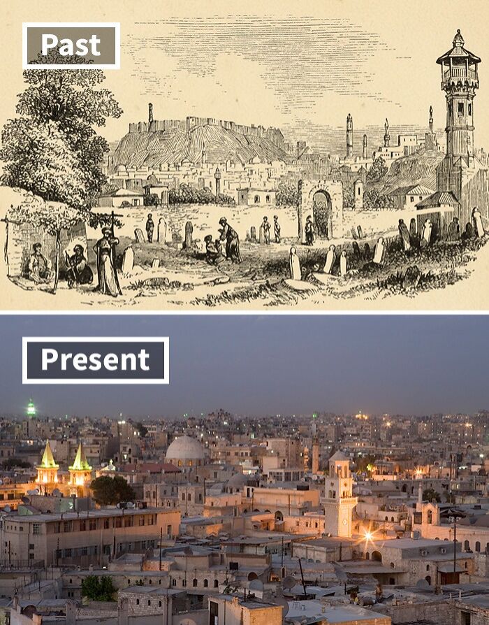 Comparison of historical and modern life in the world’s oldest cities showing past and present cityscapes at dusk.