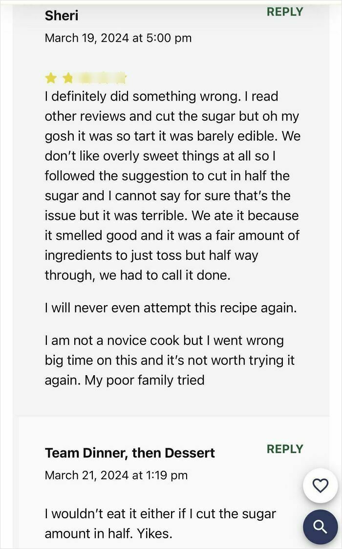 Screenshot of a recipe review detailing a failed try with sugar adjustments in a cooking attempt leading to unhinged reviews.
