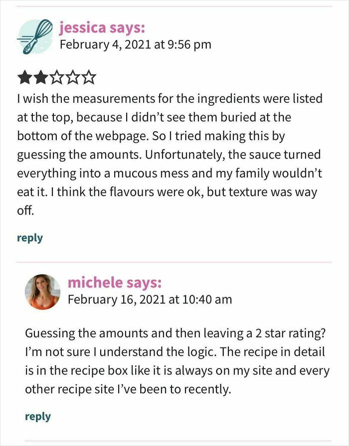 User reviews showing failed tries at following a recipe with complaints about measurements and texture in cooking attempts.